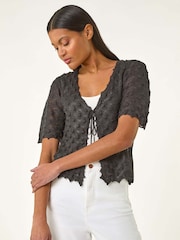 Roman Black Textured Tie Front Shrug - Image 2 of 5