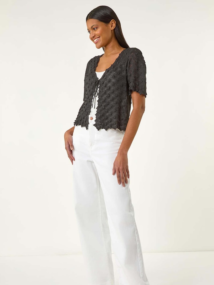 Roman Black Textured Tie Front Shrug - Image 5 of 5