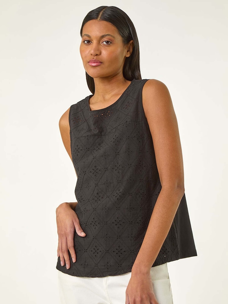 Roman Black Cotton Broderie Vest 100% Cotton Top - Image 1 of 5