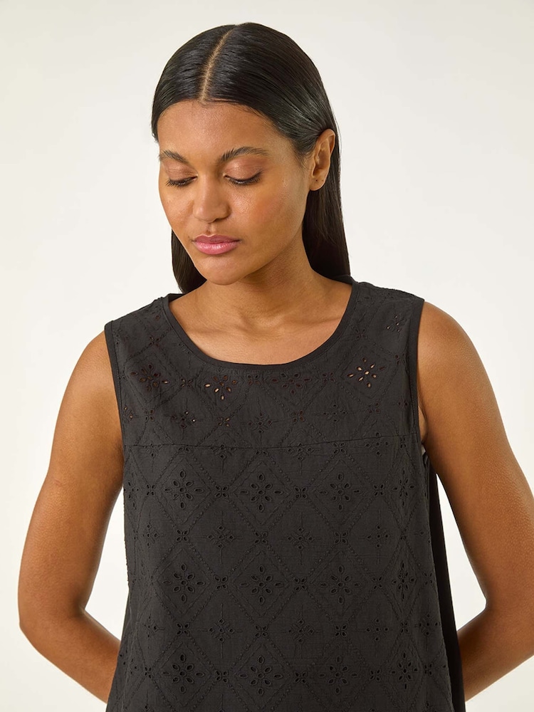 Roman Black Cotton Broderie Vest 100% Cotton Top - Image 2 of 5