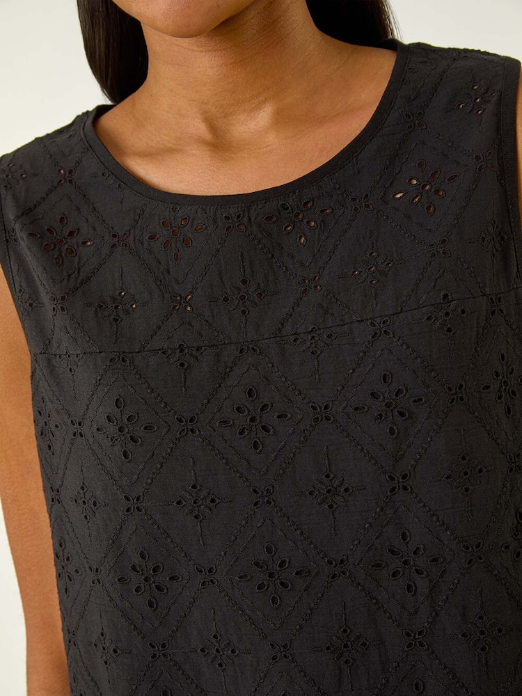 Roman Black Cotton Broderie Vest 100% Cotton Top - Image 5 of 5 Roman Black Cotton Broderie Vest 100% Cotton Top - Image 5 of 5