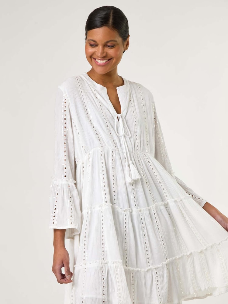 Roman White Shimmer Tie Detail Smock Dress - Image 1 of 1