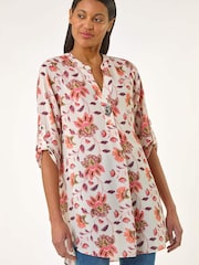 Roman Orange Floral Print Button V-Neck Tunic Top - Image 1 of 5