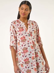 Roman Orange Floral Print Button V-Neck Tunic Top - Image 2 of 5