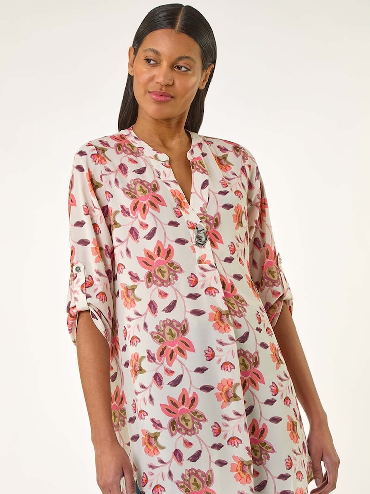 Roman Orange Floral Print Button V-Neck Tunic Top - Image 2 of 5