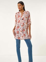 Roman Orange Floral Print Button V-Neck Tunic Top - Image 3 of 5