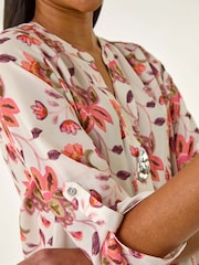 Roman Orange Floral Print Button V-Neck Tunic Top - Image 4 of 5