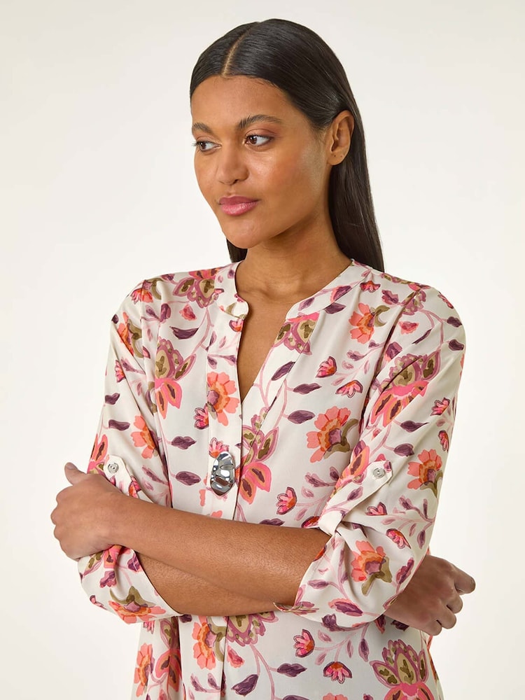 Roman Orange Floral Print Button V-Neck Tunic Top - Image 5 of 5