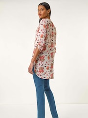 Roman Orange Floral Print Button V-Neck Tunic Top - Image 5 of 5