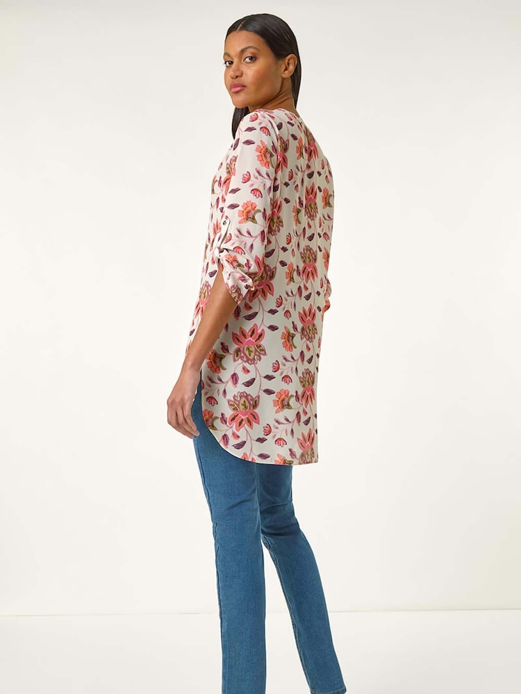 Roman Orange Floral Print Button V-Neck Tunic Top - Image 5 of 5
