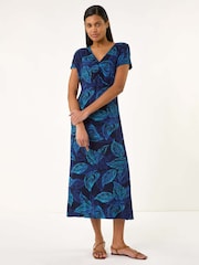 Roman Blue Leaf Print Ruched Midi T-Shirt Dress - Image 1 of 4
