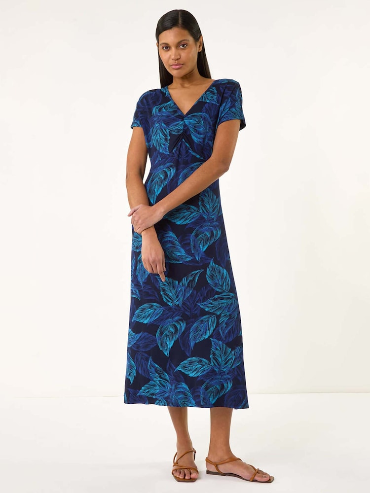 Roman Blue Leaf Print Ruched Midi T-Shirt Dress - Image 1 of 4
