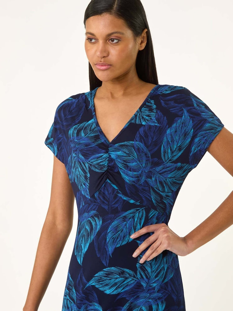 Roman Blue Leaf Print Ruched Midi T-Shirt Dress - Image 2 of 4