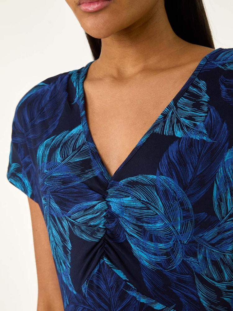 Roman Blue Leaf Print Ruched Midi T-Shirt Dress - Image 4 of 4