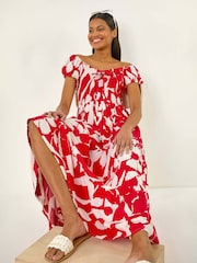 Roman Red Shadow Floral Print Tie Tiered Dress - Image 1 of 4