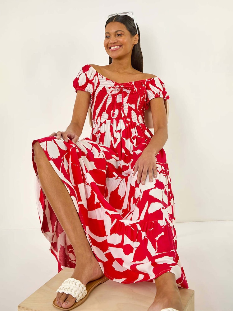 Roman Red Shadow Floral Print Tie Tiered Dress - Image 1 of 4
