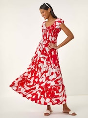 Roman Red Shadow Floral Print Tie Tiered Dress - Image 2 of 4