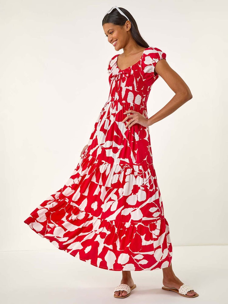 Roman Red Shadow Floral Print Tie Tiered Dress - Image 2 of 4