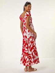 Roman Red Shadow Floral Print Tie Tiered Dress - Image 3 of 4