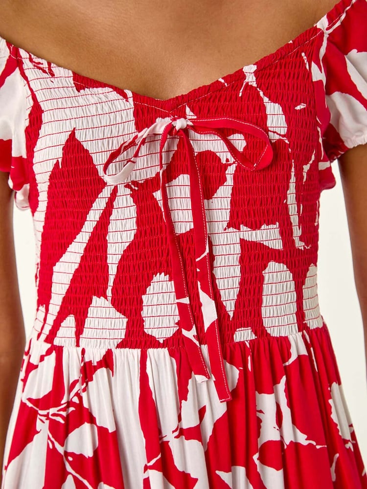 Rot - Roman Shadow Floral Print Tie Tiered Dress - Bild 4 von 4 Rot - Roman Shadow Floral Print Tie Tiered Dress - Bild 4 von 4