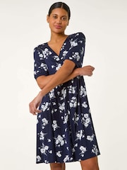Roman Blue Floral Print Lace Trim Stretch Dress - Image 1 of 5