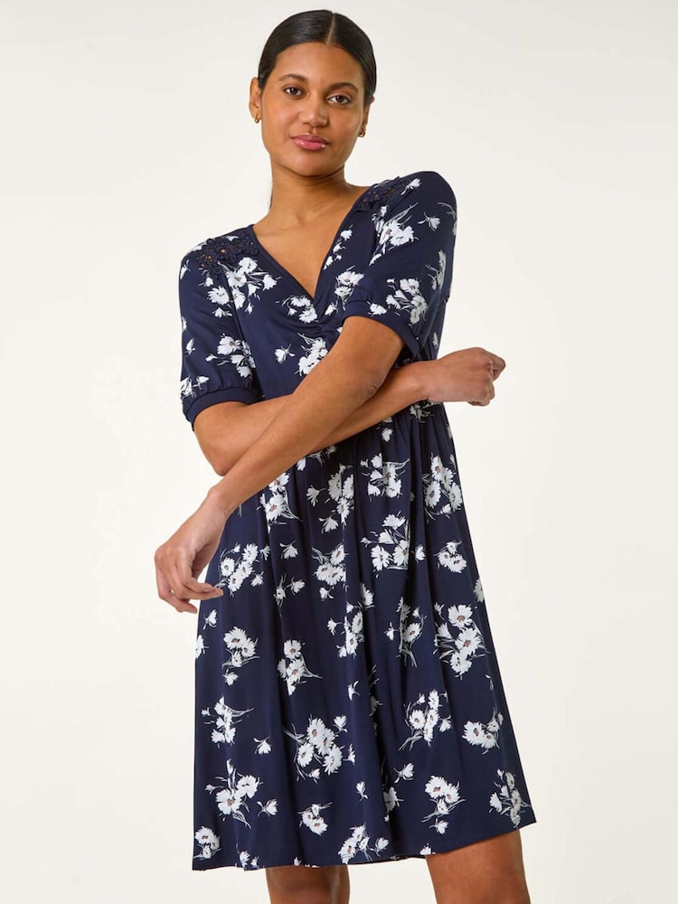 Roman Blue Floral Print Lace Trim Stretch Dress - Image 1 of 5