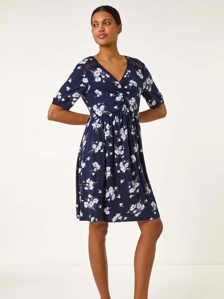 Roman Blue Floral Print Lace Trim Stretch Dress - Image 2 of 5