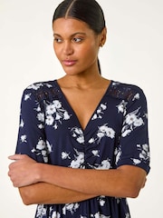 Roman Blue Floral Print Lace Trim Stretch Dress - Image 4 of 5