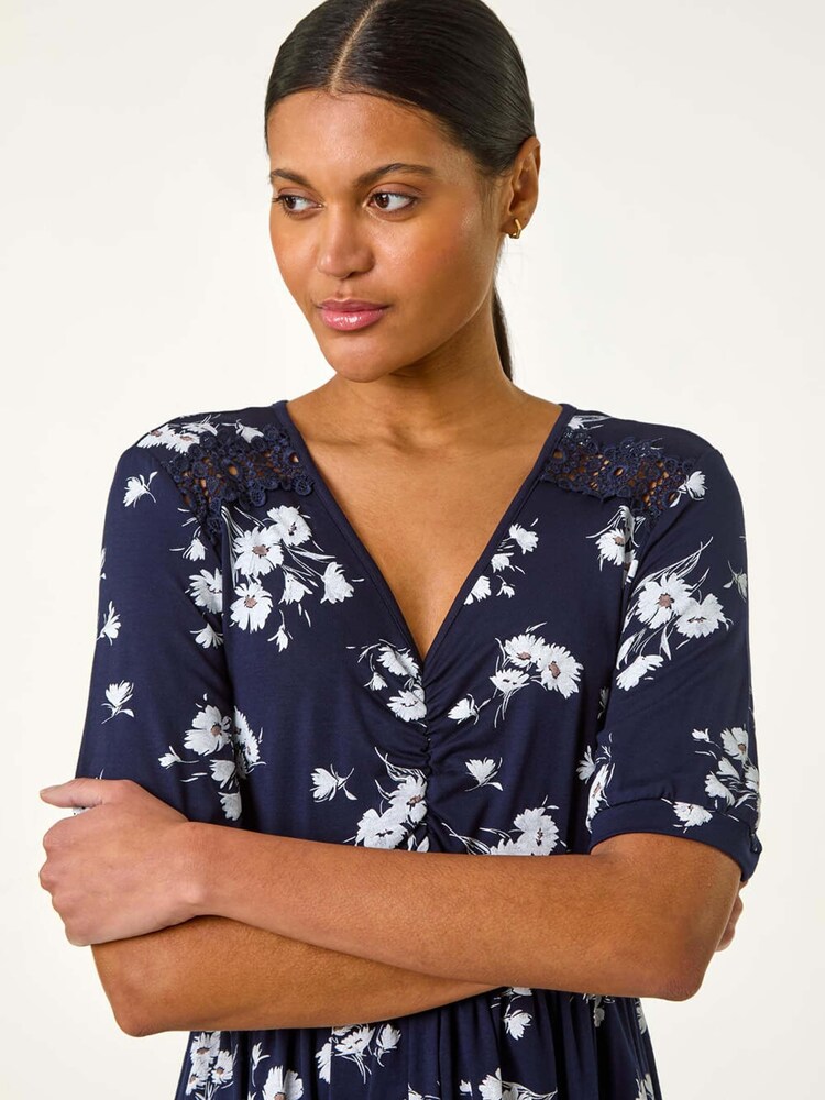 Roman Blue Floral Print Lace Trim Stretch Dress - Image 5 of 5