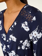 Roman Blue Floral Print Lace Trim Stretch Dress - Image 5 of 5