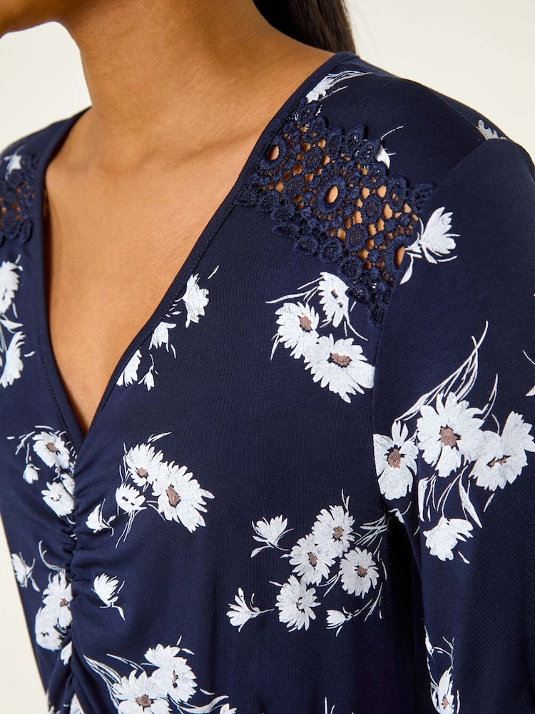 Roman Blue Floral Print Lace Trim Stretch Dress - Image 5 of 5