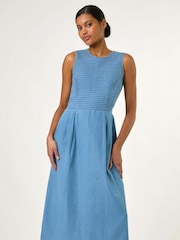 Roman Blue 100% Cotton Denim Midi Stretch Dress - Image 1 of 5