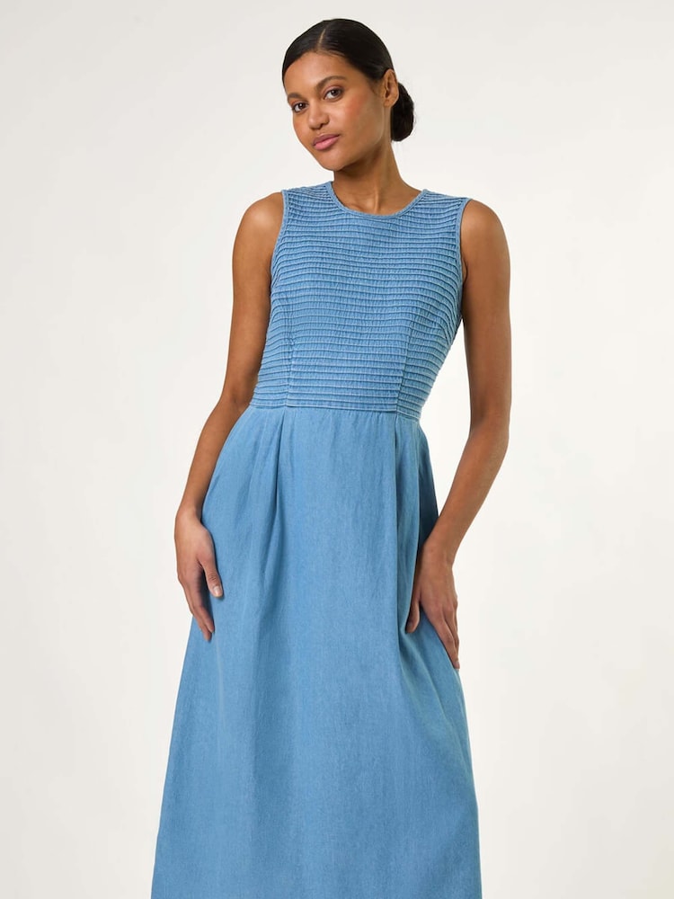 Roman Blue 100% Cotton Denim Midi Stretch Dress - Image 1 of 5