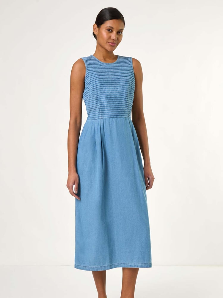 Roman Blue 100% Cotton Denim Midi Stretch Dress - Image 2 of 5