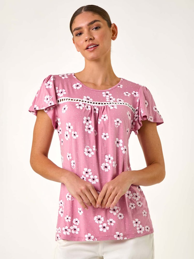 Roman Pink Floral Print Ladder Trim Stretch Top - Image 1 of 5