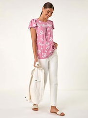 Roman Pink Floral Print Ladder Trim Stretch Top - Image 3 of 5