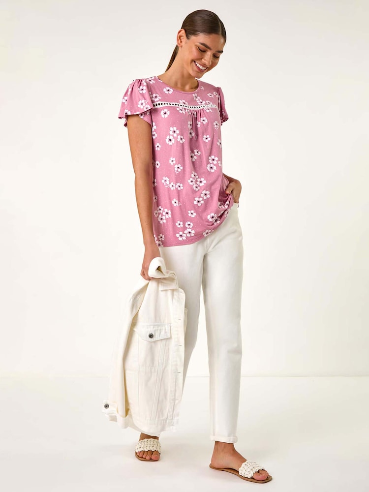 Roman Pink Floral Print Ladder Trim Stretch Top - Image 3 of 5