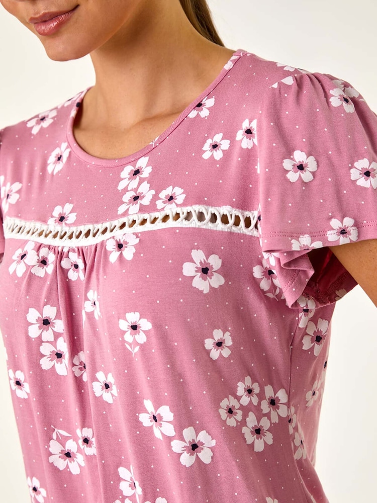 Roman Pink Floral Print Ladder Trim Stretch Top - Image 5 of 5