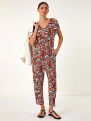Roman Orange Floral Print V-Neck Stretch Jumpsuit - Image 1 of 5