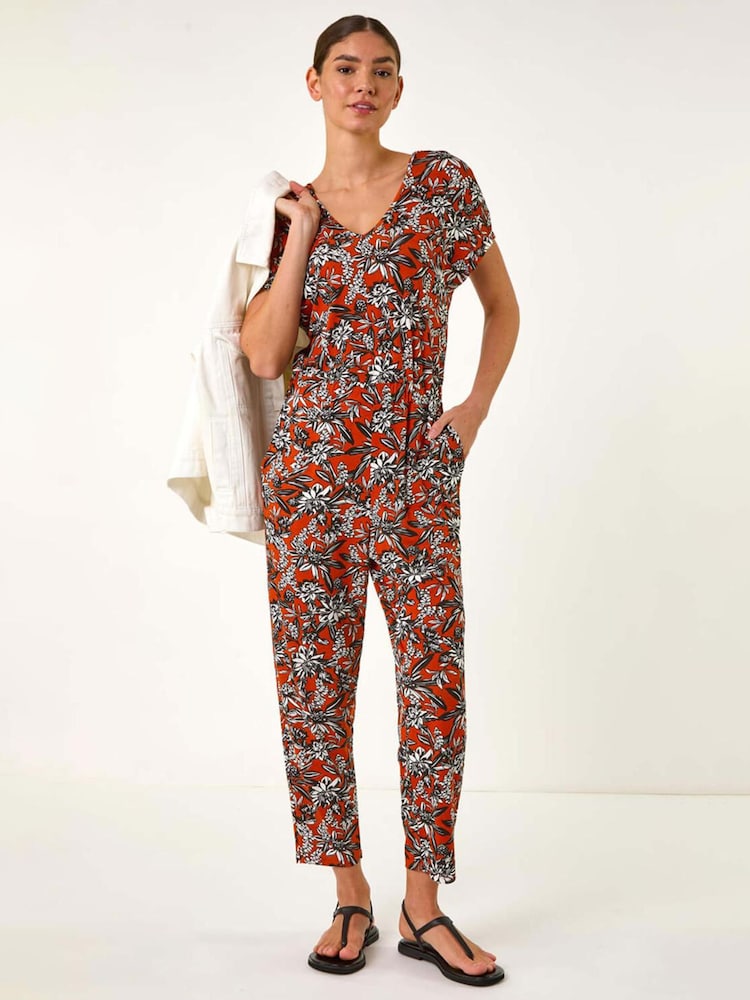 Roman Orange Floral Print V-Neck Stretch Jumpsuit - Image 1 of 5