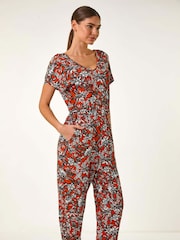 Roman Orange Floral Print V-Neck Stretch Jumpsuit - Image 2 of 5