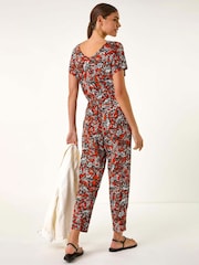 Roman Orange Floral Print V-Neck Stretch Jumpsuit - Image 3 of 5