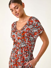 Roman Orange Floral Print V-Neck Stretch Jumpsuit - Image 4 of 5