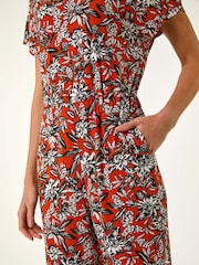Roman Orange Floral Print V-Neck Stretch Jumpsuit - Image 5 of 5