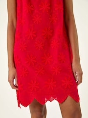 Roman Red Flower Print Embroidered 100% Cotton Shift Dress - Image 2 of 5