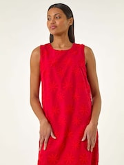 Roman Red Flower Print Embroidered 100% Cotton Shift Dress - Image 3 of 5