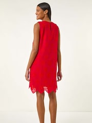 Roman Red Flower Print Embroidered 100% Cotton Shift Dress - Image 4 of 5