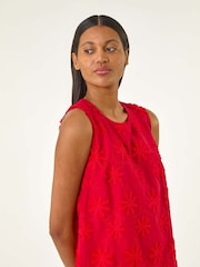 Roman Red Flower Print Embroidered 100% Cotton Shift Dress - Image 5 of 5