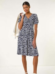 Roman Blue Spot Print Gathered Midi Dress - Image 1 of 5