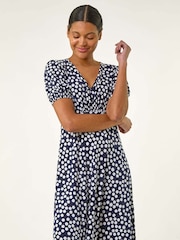 Roman Blue Spot Print Gathered Midi Dress - Image 2 of 5